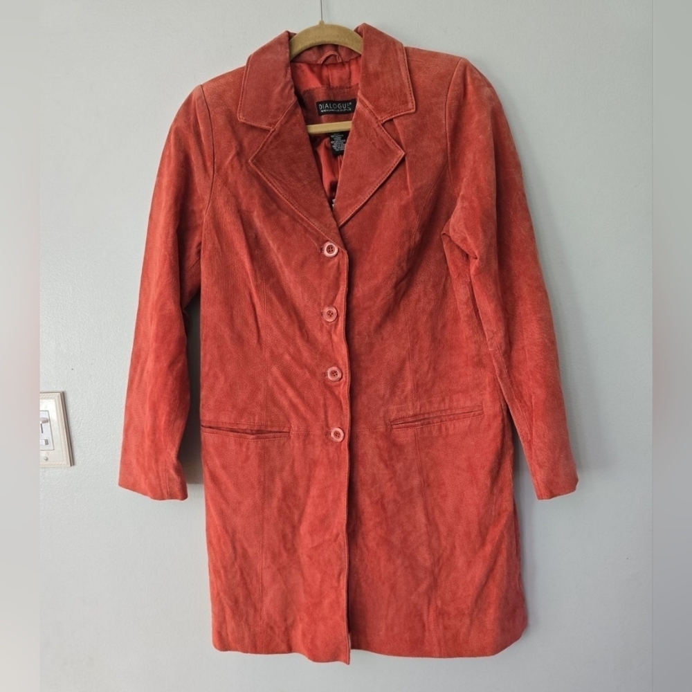 Dialogue SZ Small Orange Suede Leather Knee Length Trench Coat